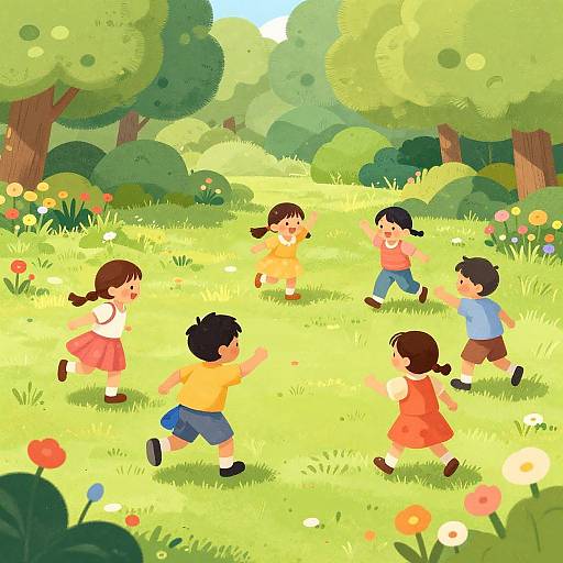 Cartoon illustration of five children playing in a sunny, green, flower-filled meadow with trees in the background, running and laughing.