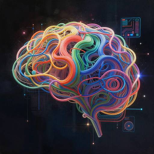 Digital artwork of a colorful, glowing brain made of intertwined, neon-like lines in red, orange, yellow, green, blue, and purple, set