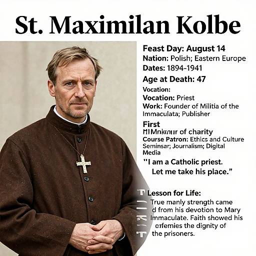 Photograph of St. Maximilian Kolbe in a black religious habit with a cross necklace, overlaid with biographical text in black and white.