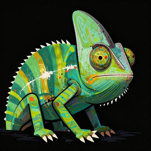 Vibrant digital illustration of a colorful, stylized green chameleon with large, expressive eyes, neon stripes, and white spiky edges, set