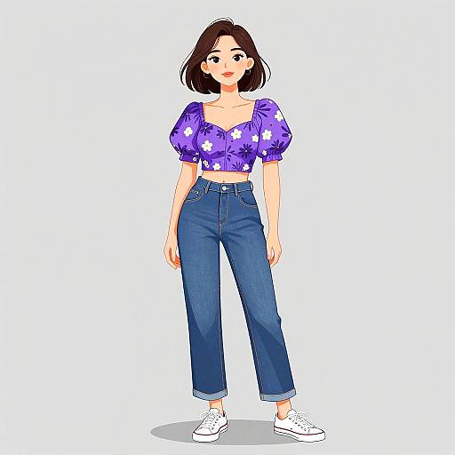 Digital anime-style drawing of a young woman with short brown hair, wearing a purple floral crop top, high-waisted blue jeans, and white sneakers
