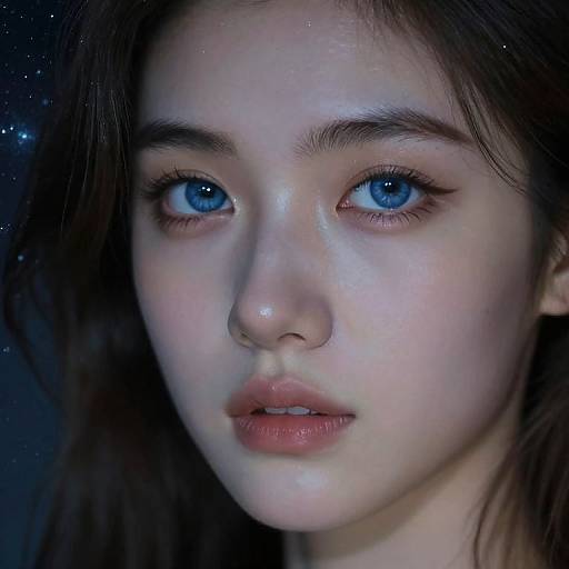 Close-up photograph of a young woman with striking blue eyes, fair skin, and dark brown hair, set against a starry night background. Her expression