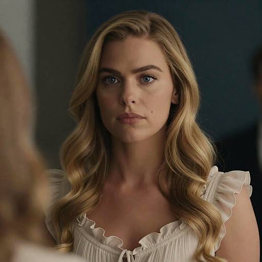 Blonde Woman with Ruffled Top and Serious Expression