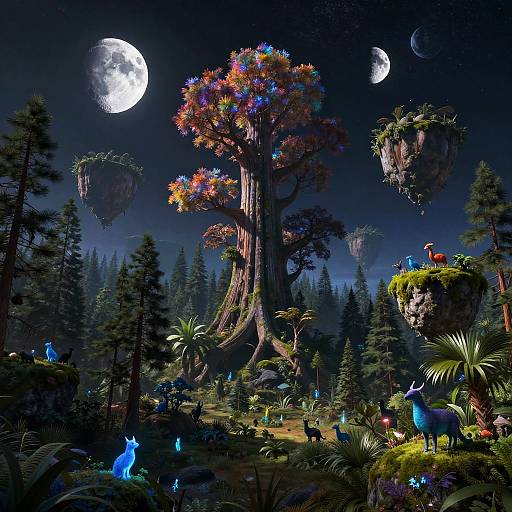Fantastical CGI forest night scene with towering colorful tree, floating islands, moons, luminescent blue creatures, and vibrant flora under a starry