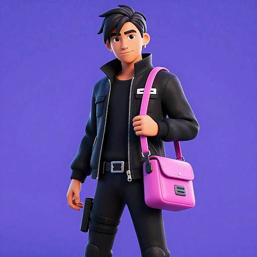 CGI image of a cool, black-haired, young man with black jacket, black pants, pink shoulder bag, and black gun, against a blue