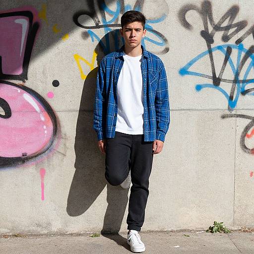 Photograph of a young man with short black hair, wearing a blue plaid jacket, white shirt, black pants, and white sneakers, standing against