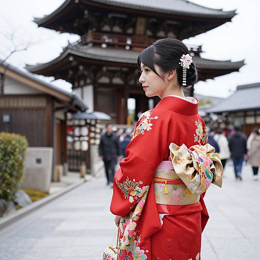 Photograph of a Japanese woman in a vibrant red kimono with intricate floral designs, standing in a traditional temple courtyard.