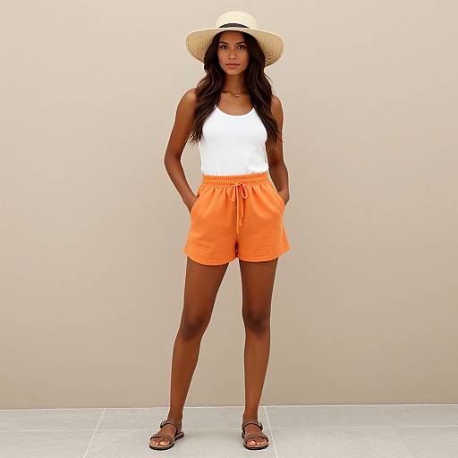 Photograph of a young Black woman with long, wavy hair wearing a white tank top, orange shorts, straw hat, and sandals, standing against