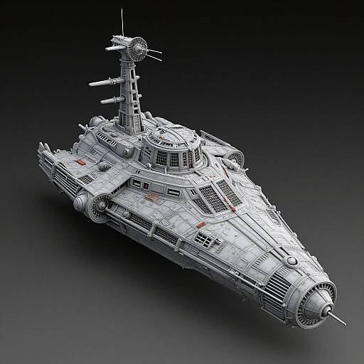 Photorealistic CGI of a detailed, white, futuristic spaceship with intricate designs, antenna, and vents, floating against a dark gradient background.