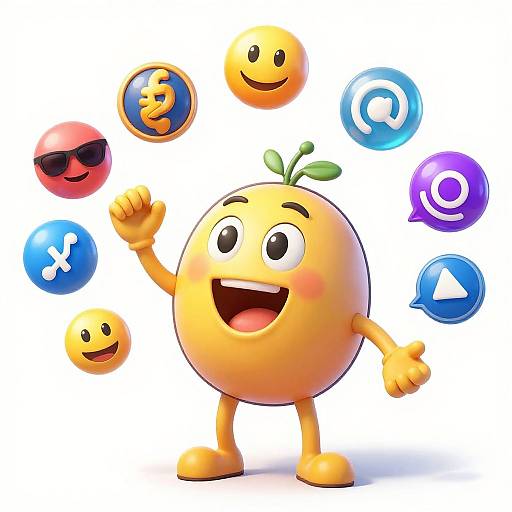 Digital cartoon: cheerful yellow fruit character with arms and legs, surrounded by floating app icons (sunglasses, currency, smiley, speech bubble,