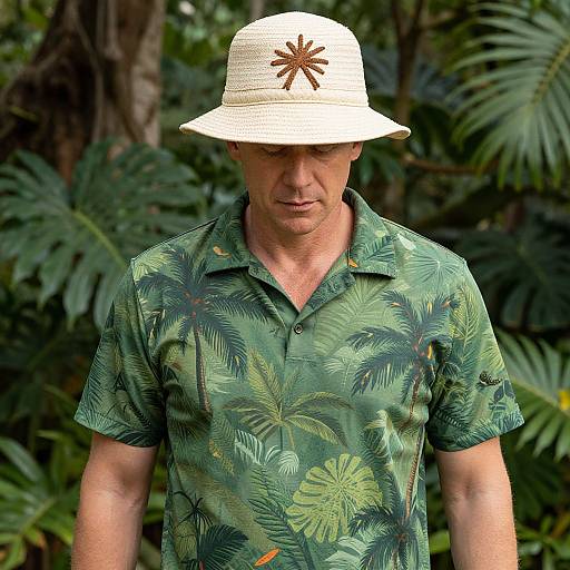 Middle-aged man in green tropical shirt and white straw hat with a brown pinecone emblem, standing in lush jungle background.