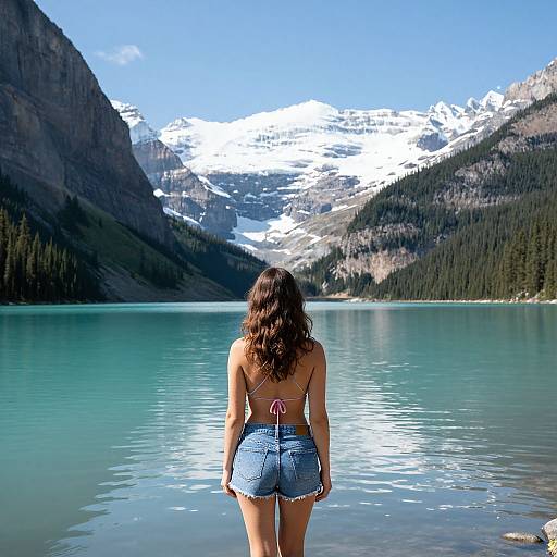 Photograph of a woman with wavy brown hair, wearing a pink bikini top and denim shorts, standing in a turquoise lake with snow-capped mountains
