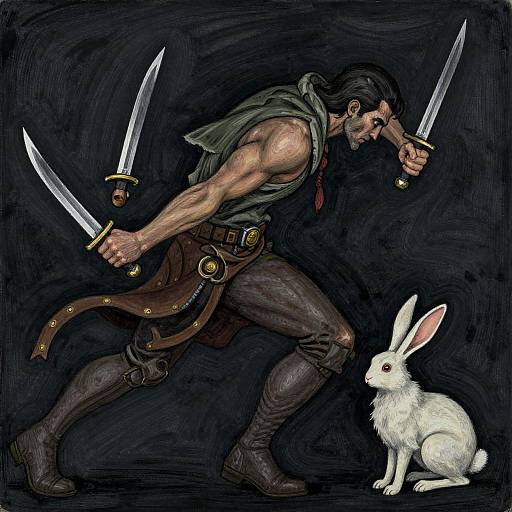 Digital illustration of a muscular man with dark hair, sleeveless green shirt, brown pants, and boots, holding three knives, confronting a white rabbit with