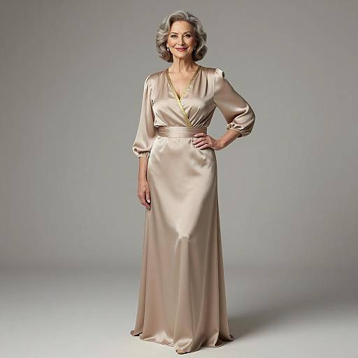 Elegant Middle-Aged Woman in Beige Satin Dress