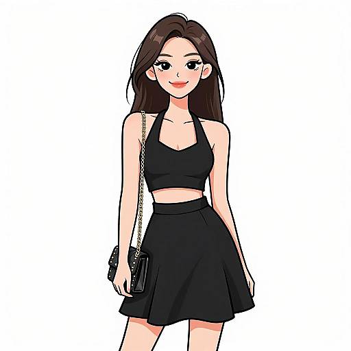 Digital anime-style drawing of a smiling young woman with long brown hair, wearing a black crop top and skirt, holding a small black purse with a chain