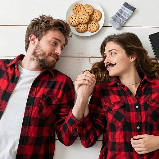 Photograph of a smiling couple in red plaid shirts, lying on a white wooden table, holding hands, with cookies and a cloth above.
