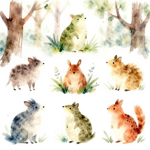 Watercolor painting of nine fluffy, colorful squirrels with varied fur colors, sitting on green grass and surrounded by trees.