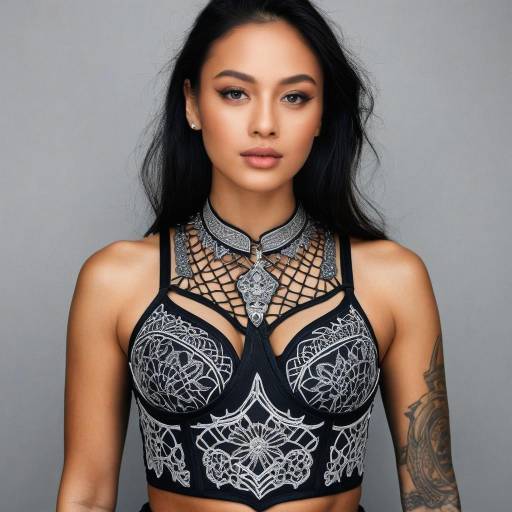 Portrait of Woman in Intricate Black and Silver Lace Top