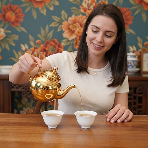 Photograph of a smiling woman with straight black hair, wearing a white shirt, pouring golden tea from a shiny teapot into two white cups on a