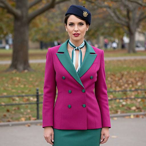 Photograph of a woman in a bright magenta double-breasted blazer with green lapels, green skirt, black beret, and white blouse