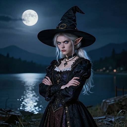 Digital fantasy artwork of a pale-skinned, silver-haired elf witch with pointed ears, black lace dress, and hat, standing by a moonlit lake