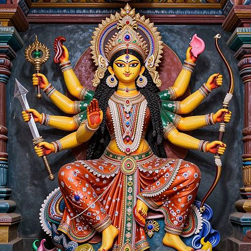 Vibrant digital painting of multi-armed Hindu goddess Durga, adorned in ornate red and gold attire, holding weapons, seated against a dark