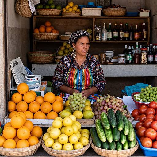 Photograph of a South Asian woman in colorful embroidered clothes, sitting behind a market stall filled with oranges, lemons, cucumbers, tomatoes,