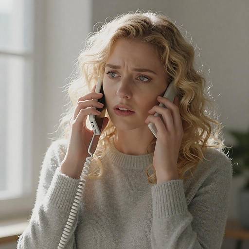 Sunlit Concerned Woman on Corded Phone