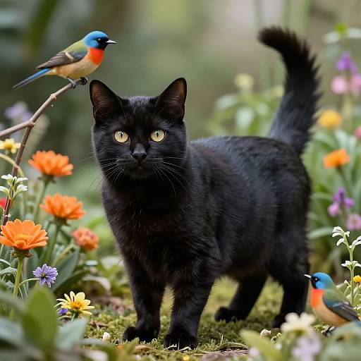 Photograph of a black cat with yellow eyes standing in a vibrant garden, surrounded by colorful flowers and two blue and orange birds perched on branches.