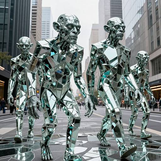 Photograph of four reflective, mirrored human sculptures walking in a city street, with tall buildings and pedestrians in the background.
