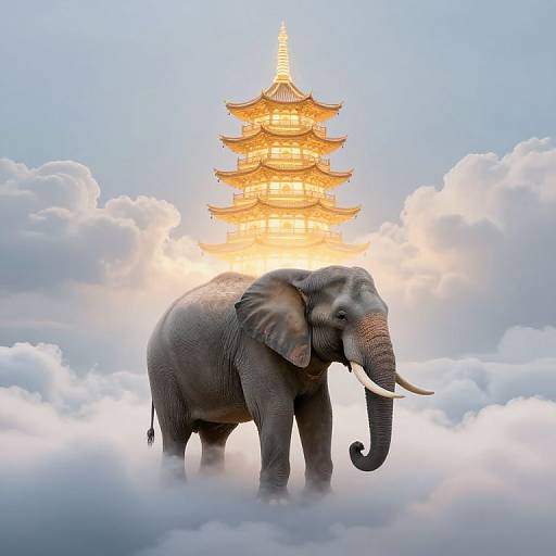 Photograph of a majestic elephant standing on fluffy clouds, with a glowing, golden, multi-tiered pagoda rising behind it in a bright, blue