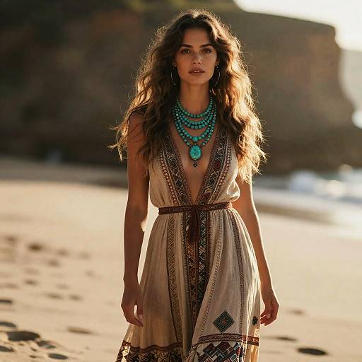 Bohemian Woman in Maxi Dress with Turquoise Necklace on Beach
