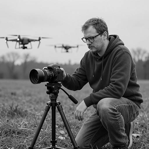 Man Adjusting Camera with Flying Drones