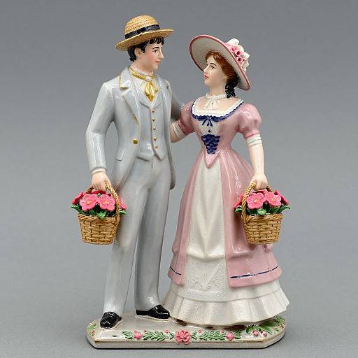 Photograph of a vintage-style porcelain figurine of a couple in 19th-century attire, holding flower baskets, standing on a floral base.