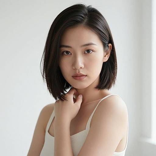 Photograph of a young Asian woman with straight black shoulder-length hair, fair skin, wearing a white tank top, softly lit against a bright white background