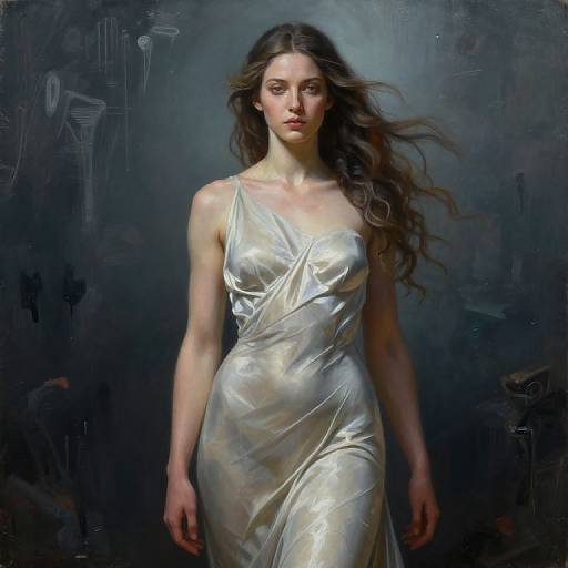 Photorealistic digital painting of a slender, fair-skinned woman with long, wavy brown hair, wearing a shimmering, one-shoulder
