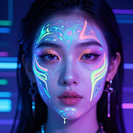 Digital photograph of an Asian woman with glowing neon blue and pink tribal face paint, piercing eyes, and dark hair, set against a neon-lit background