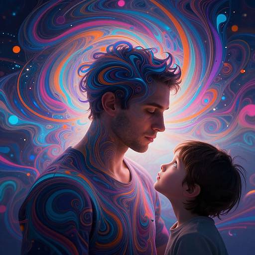 Digital artwork of a man with swirling, colorful patterns, gazing tenderly at a young boy, set against a vibrant, cosmic background.