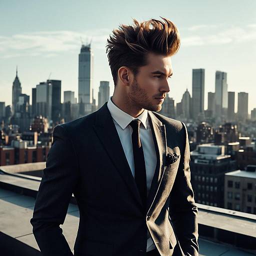Photograph of a handsome man with spiked brown hair, beard, wearing a black suit, white shirt, and black tie, standing on a rooftop with