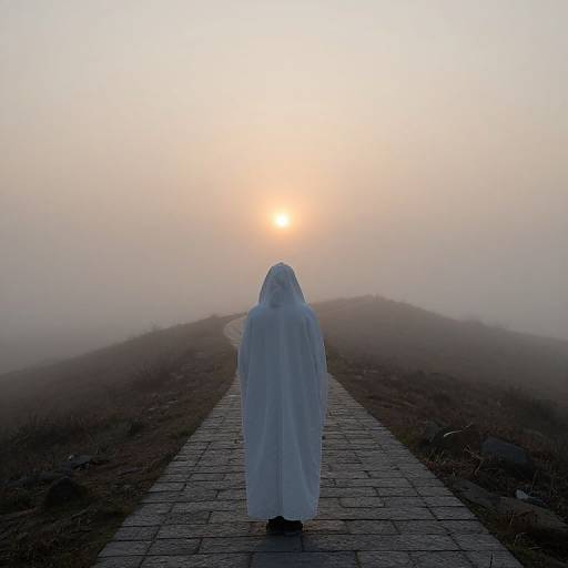 Photograph of a person in a white ghost-like hooded cloak standing on a foggy path, facing a dimly lit sunrise.