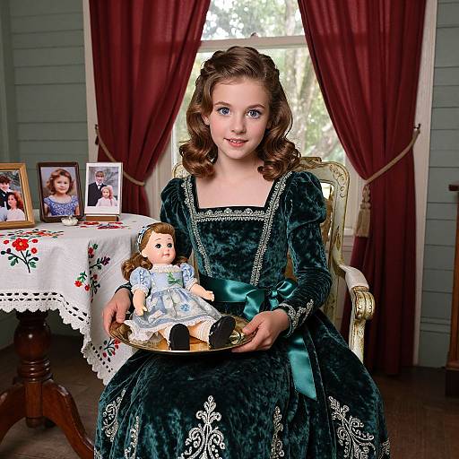 Photograph of a young girl with curly brown hair, wearing a dark green, velvet, Victorian-style dress, holding a porcelain doll, in a room