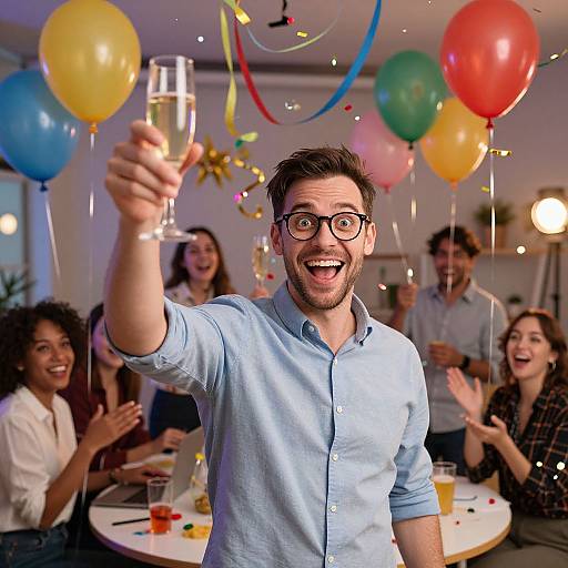 Photograph of a bearded, glasses-wearing man in a light blue shirt, cheerfully raising a champagne glass at a colorful balloon-decorated