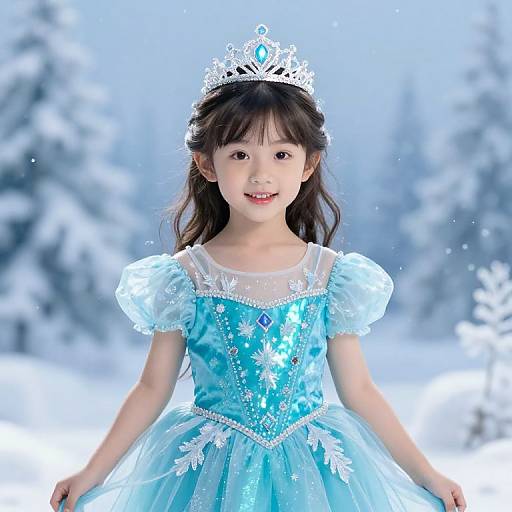 Photograph of an Asian girl with long brown hair, wearing a blue snowflake-embellished princess dress and silver tiara, standing in a