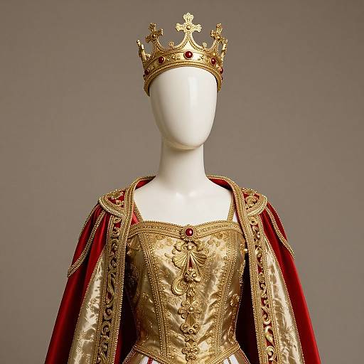 Photograph of a faceless mannequin wearing an ornate gold and red regal gown with a jeweled crown, set against a plain gray