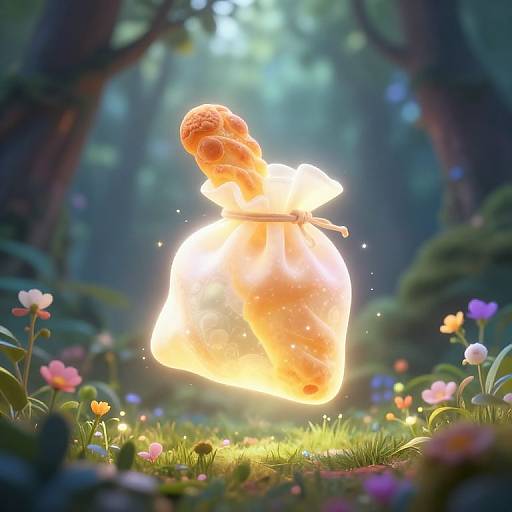 Bright, glowing, ethereal angelic figure with orange light, floating in a magical forest filled with colorful flowers and soft, blue-green light.