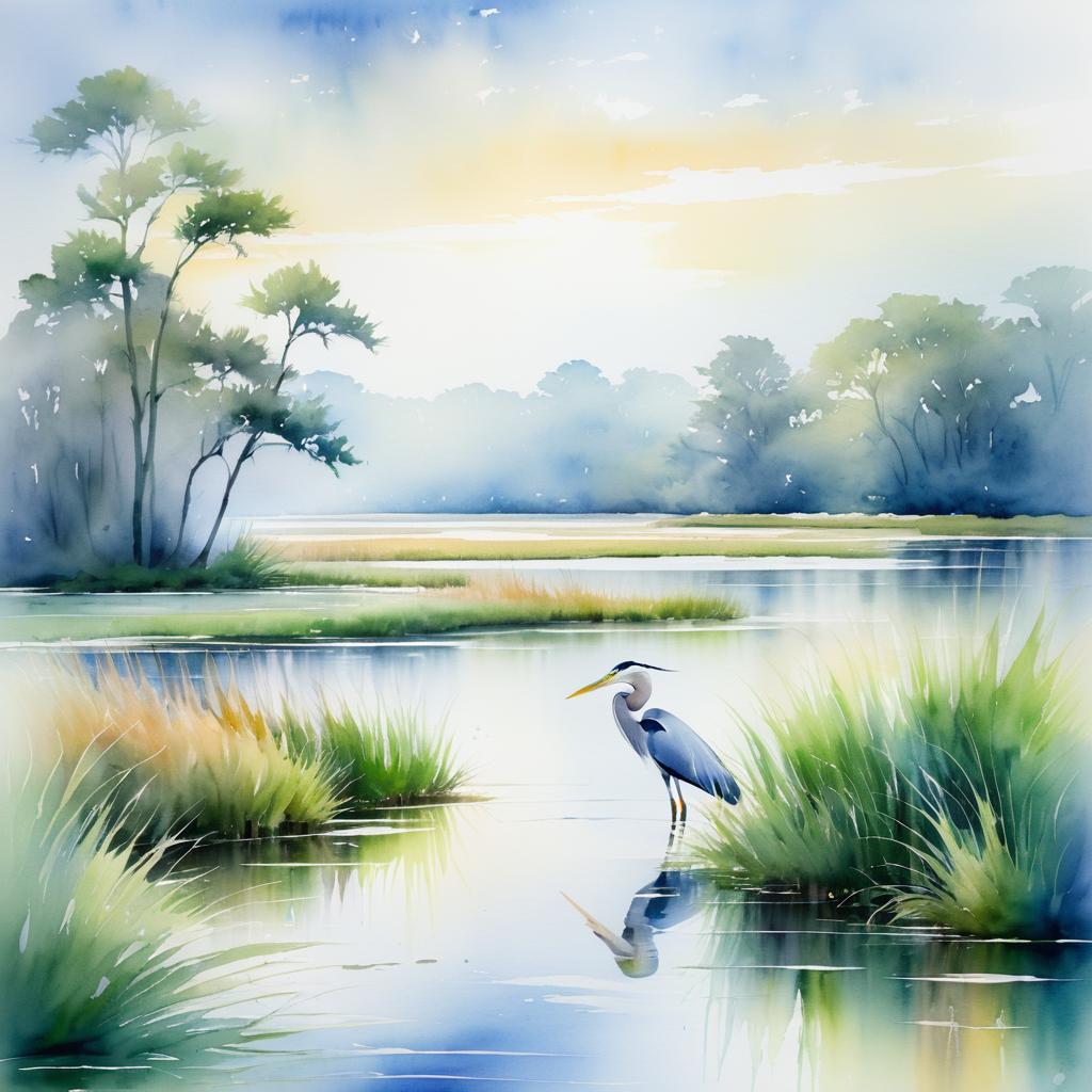 Dreamy Watercolor Landscape with Heron