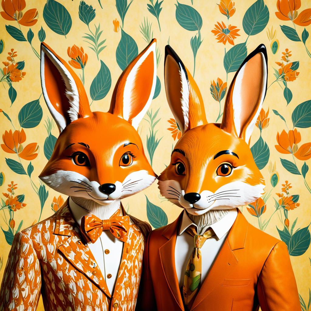 Friendly Fox and Rabbit Portrait on Wallpaper