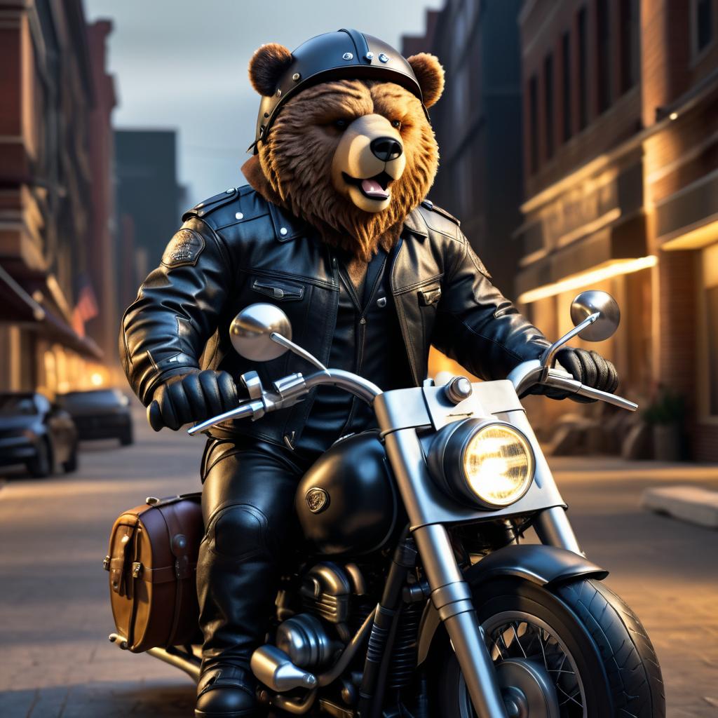 Bear on a Motorcycle in Urban Scene