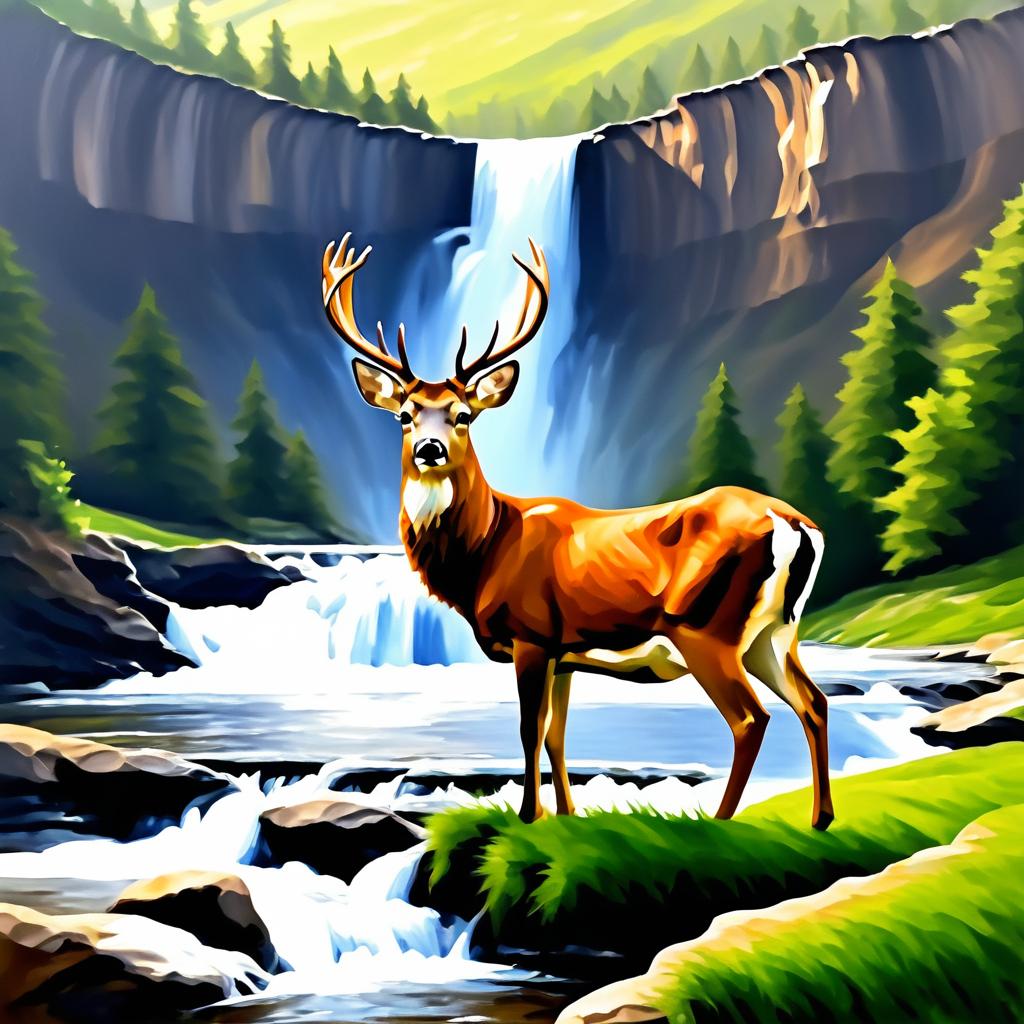 Surprised Deer by a Cascading Waterfall