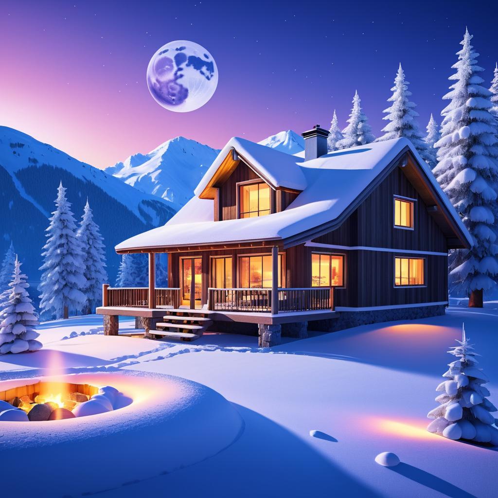 Snowy Cabin Scene with Family Fun